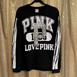 PINK Victorias Secret HTF‎ Silver Sequin Bling Dog Campus Long Sleeve Top Large